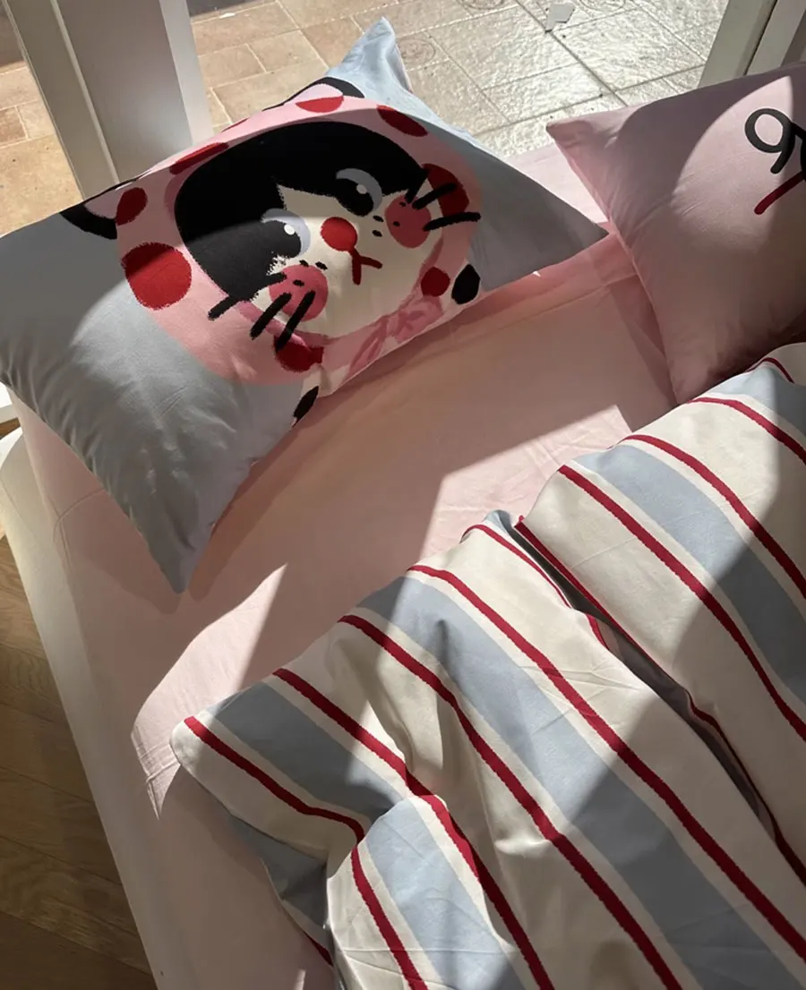 

Fashion cartoon cat red blue stripes bedding set teen,twin full queen king cotton home textile bed sheet pillow case quilt cover