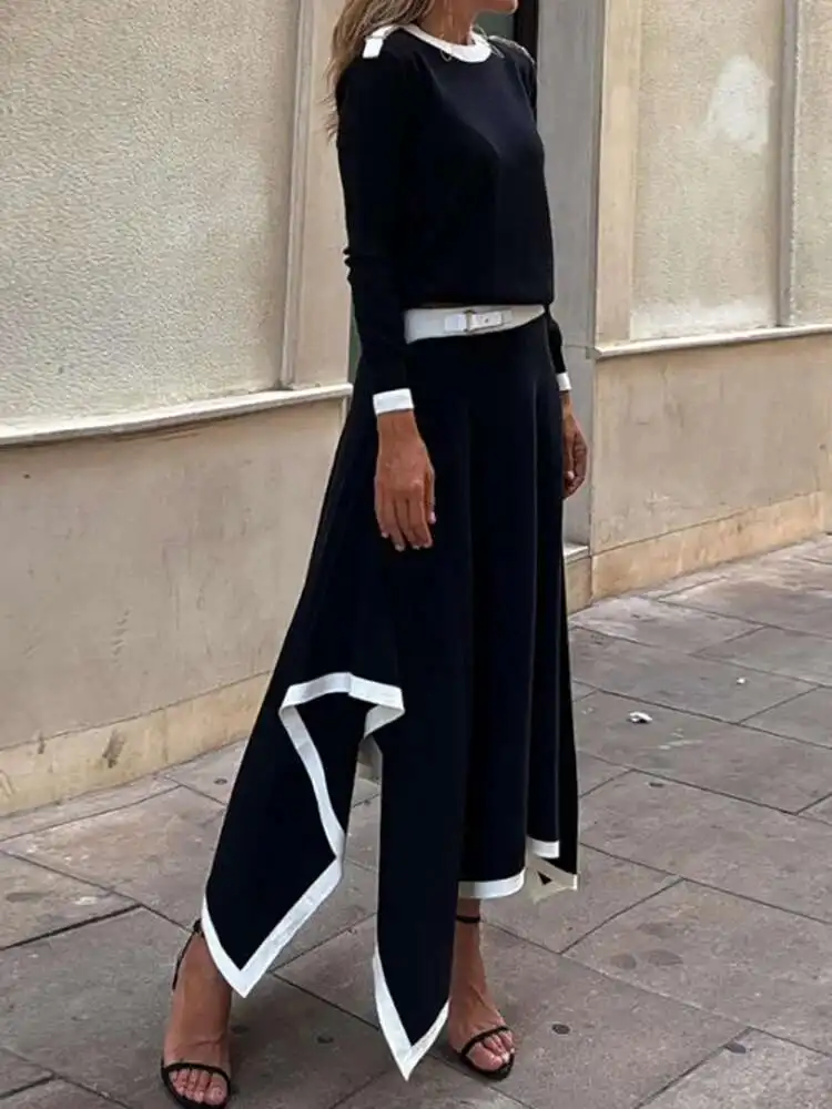 O Neck Casual Two Pieces Sets, Women Autumn Solid Patchwork Fashion Outfit, Long Sleeve Top Maxi Skirts Ladies Suits Streetwear