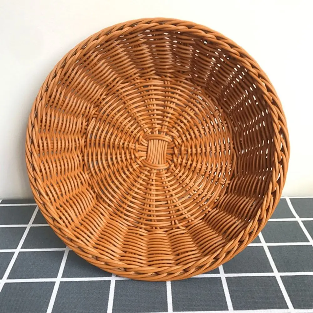 Imitation Rattan Woven Kitchen Storage Basket Round Rectangle Coffee Bread Fruit Tray Vegetables Candy Snacks Sundries Organizer