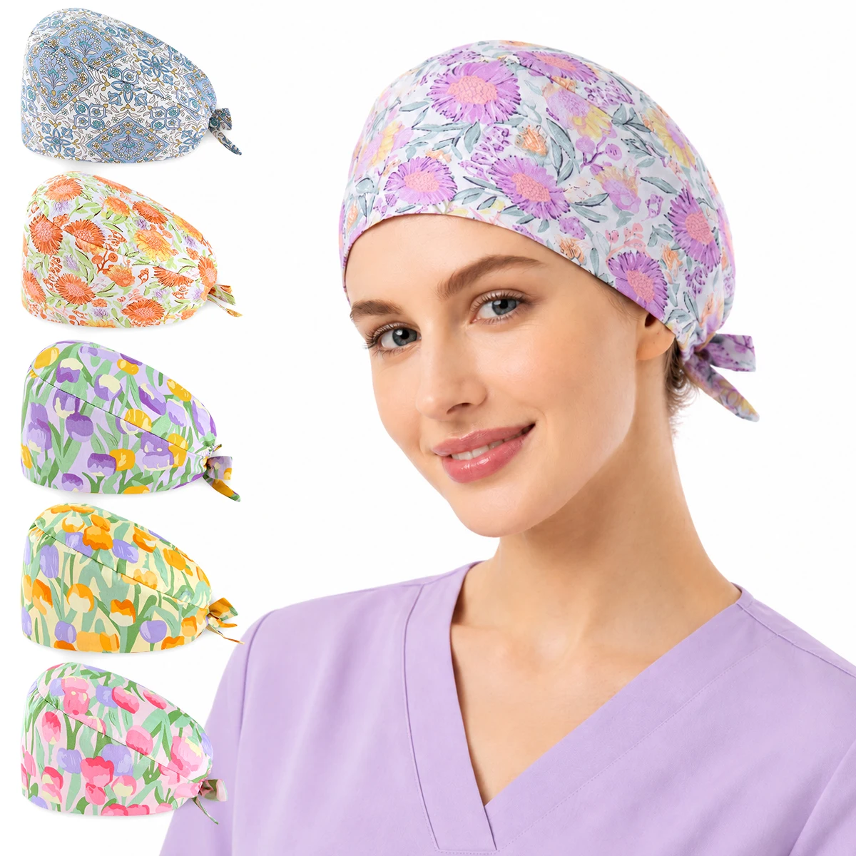 

Floral Print Surgical Cap Nurse Hat Unisex Sweat-Absorbing Breathable Butterfly Bow Design Hospital Chef Pet Vet Salon Kitchen H