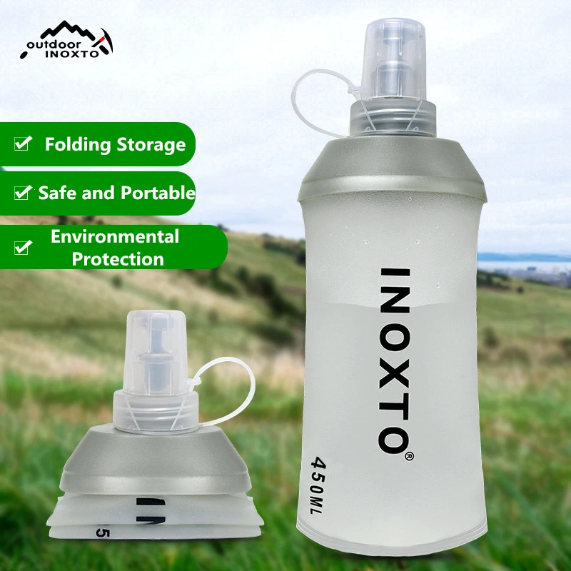 

INOXTO 450ml Outdoor Running Sports PEVA Water Bottle Cycling Hiking Mountain Biking Water Bladder Soft Silicone Water Bottles