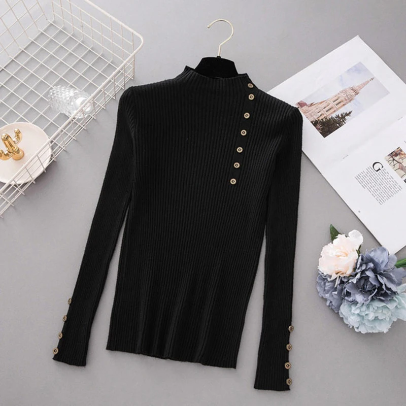 

Solid Knitted Women High Elastic Pullover Fashion Button Autumn Winter Slim Simple Sweaters Soft Basic Female Tops