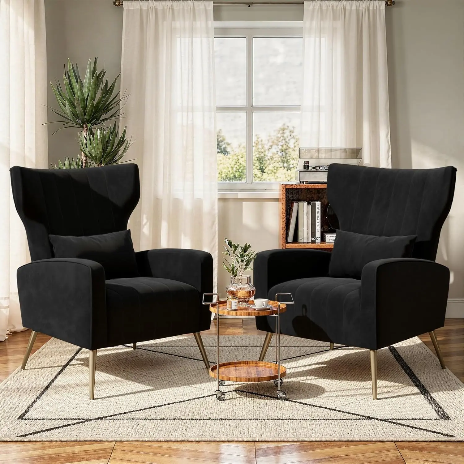 Black Velvet Wingback Accent Chair Set of 2 with Golden Legs and Lumbar Pillow, for Living Room, Bedroom