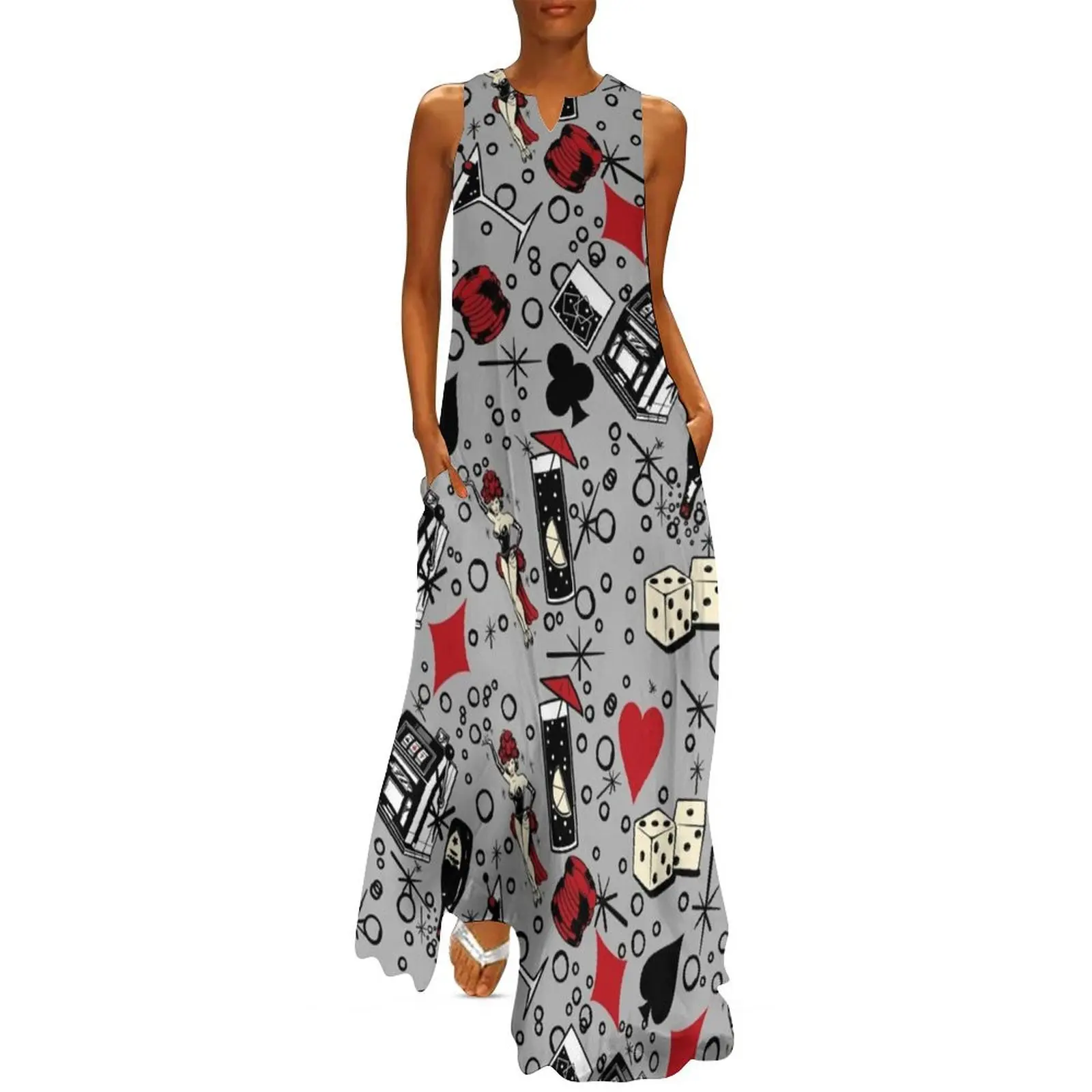 Viva Vegas Retro Casino Print-Vestido largo rojo, negro y gris Ropa vestido de fiesta femenino vestido elegante de lujo para mujer