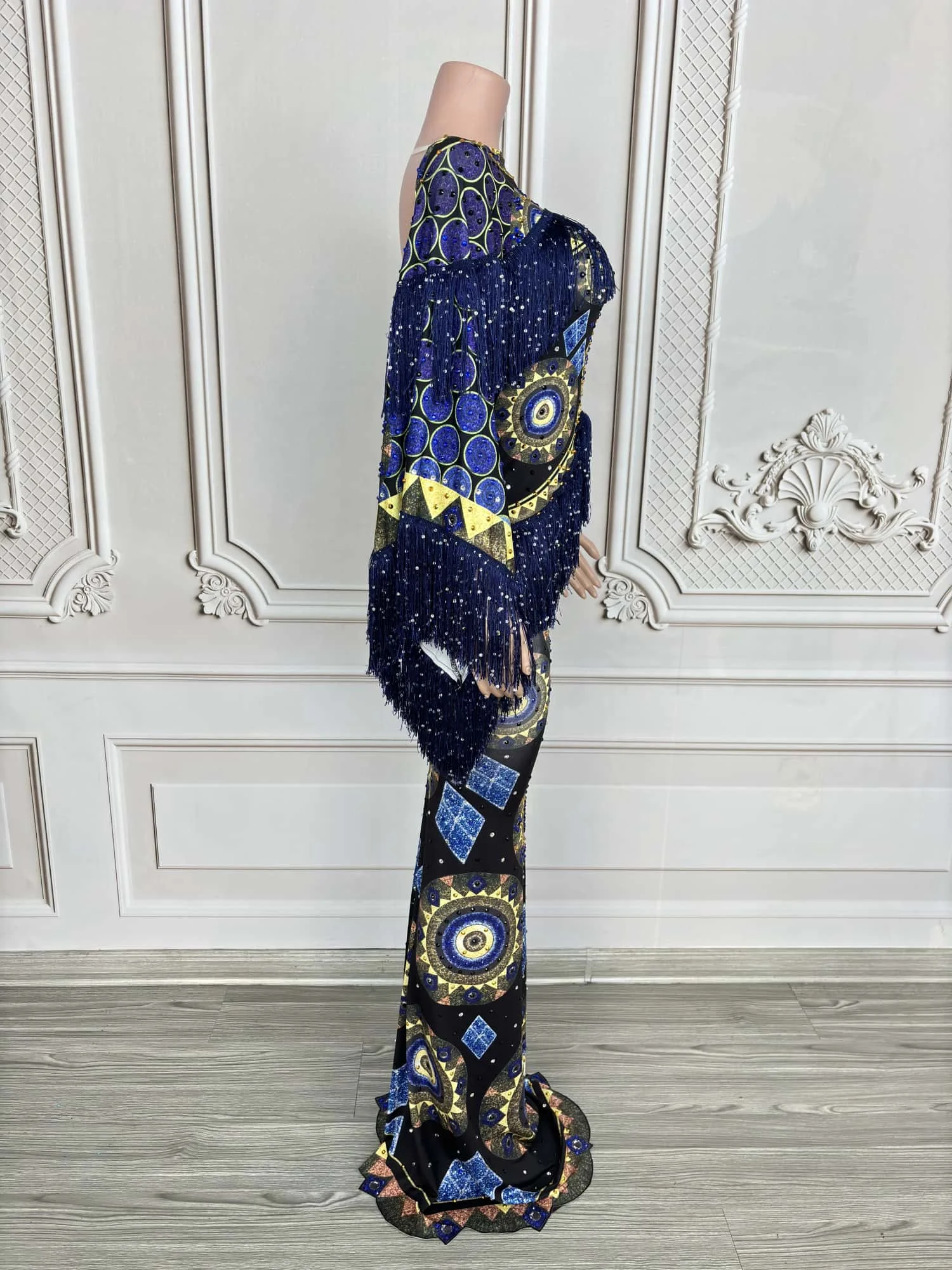 Clássico sexy impressão high-end vestido de noite borla elastano apertado encaixe vestido longo aniversário celebrar festa roupa chengbao