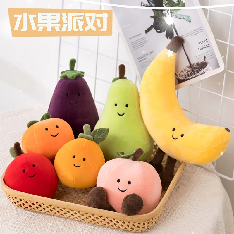 Kawaii Little Fruit Doll with Legs Plushie Smiling Face Pear Peach Eggplant Banana Pillow Appeasing Home Decor Present