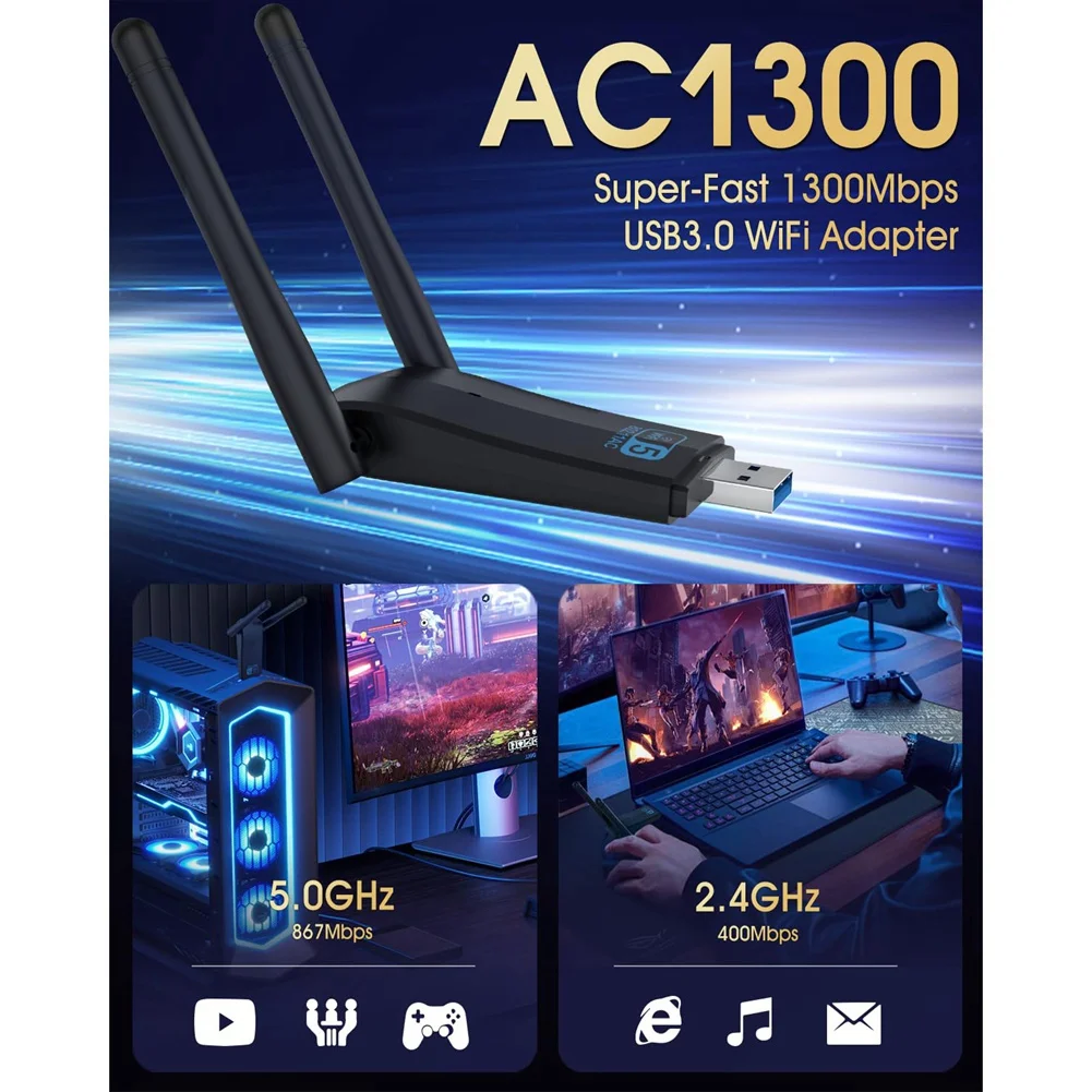 محول واي فاي USB 3.0 لاسلكي من BISMZ للكمبيوتر المكتبي، محول شبكة ثنائي النطاق USB بسرعة 1300 ميجابت في الثانية لجهاز Win 11/10/8/7/XP