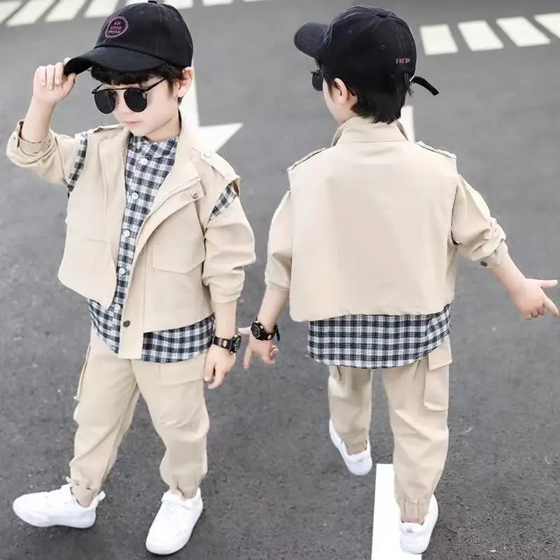 

Children's Clothing Set Baby Boys Autumn Outfit Set 2025 New Fashionable Children's Casual Vest Shirt Pants 3-piece Set 73-120CM