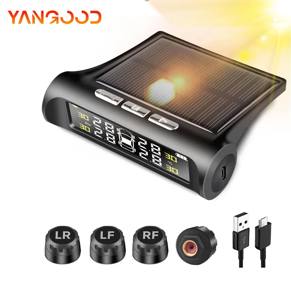 Solar+USB Charging With Clock TPMS Car Tire Pressure Alarm Digital Colorful Display 4 Sensors Waterproof Tire Temperature Warn