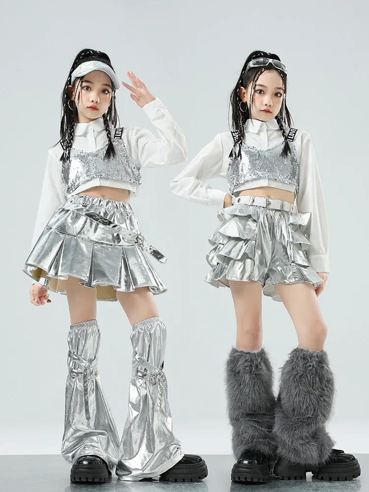 Meisjes Hip Hop Sets K-pop Sequin Crop Top Shirt Street Dance Zilveren Rokken Kinderen Streetwear Kind Jazz Kostuum meisje Groep Kleding