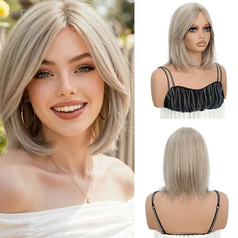 Eight character bangs with split hairstyle bob synthetic fiber wig for women