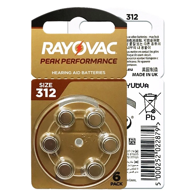 60pcs Rayovac Peak Hearing Aid Batteries 312 A312 P312 PR41 UK 1.45v Zinc Air Battery for ITC HSE Hearing Aids Sound Amplifiers