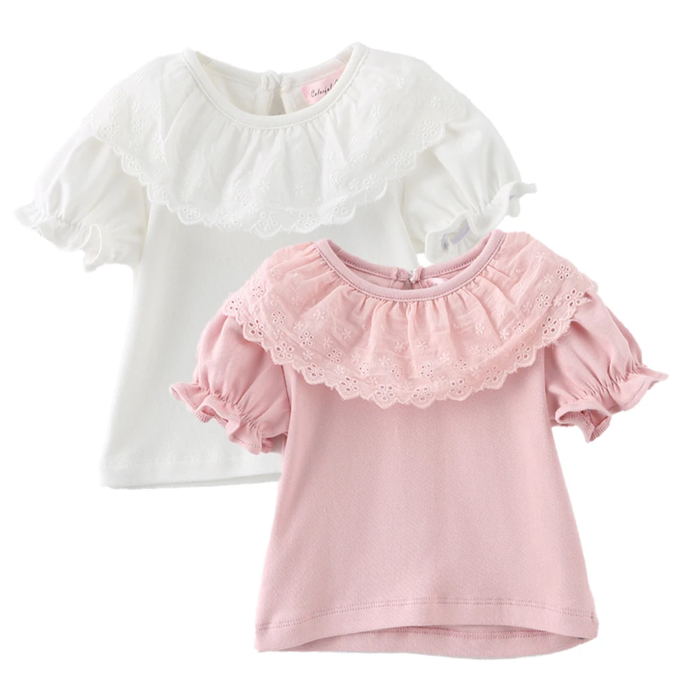 Summer Baby Girls Short Sleeve Tee Tops Infant Ruffle Doll Collar Girls Blouses Toddler Lace White T Shirt Children Clothing