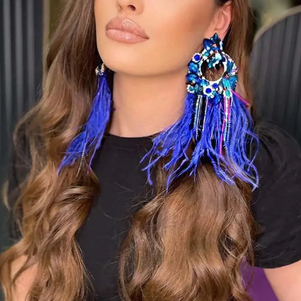 Stonefans Blue Feather Geometric Earrings Women 2024 Chunky Statement Dangle Wedding New Exaggerate Accessories Jewelry Earrings