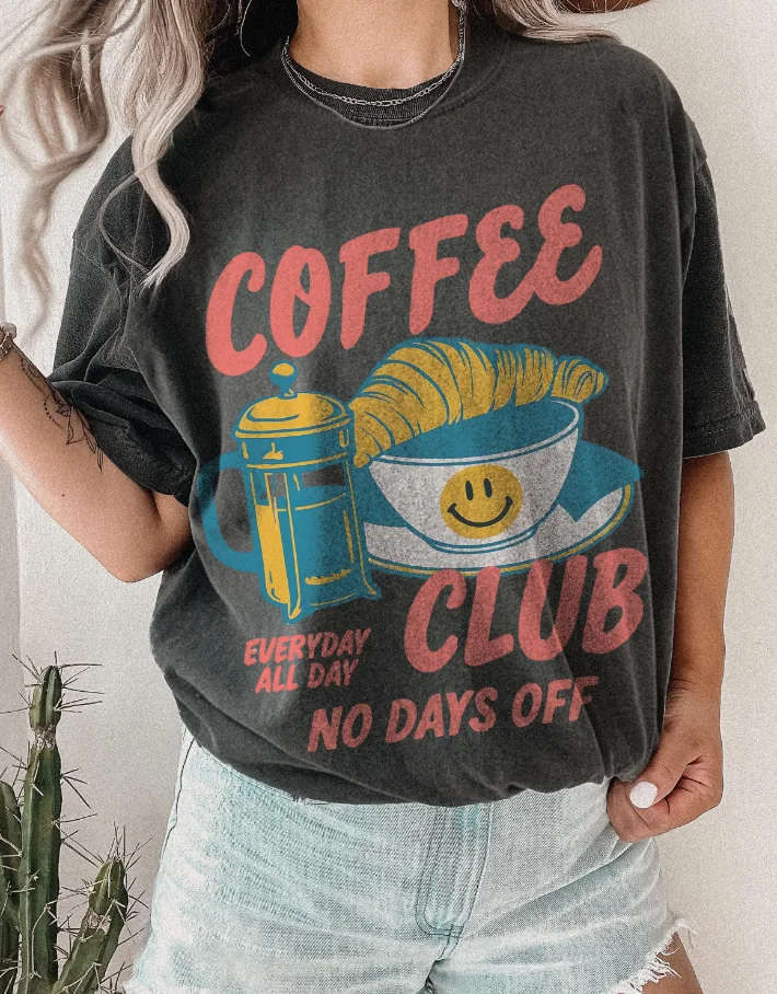 

Plus Size Summer Women's Vintage Coffee Club T-Shirt Cotton Breathable Stylish Versatile Street Style Oversized
