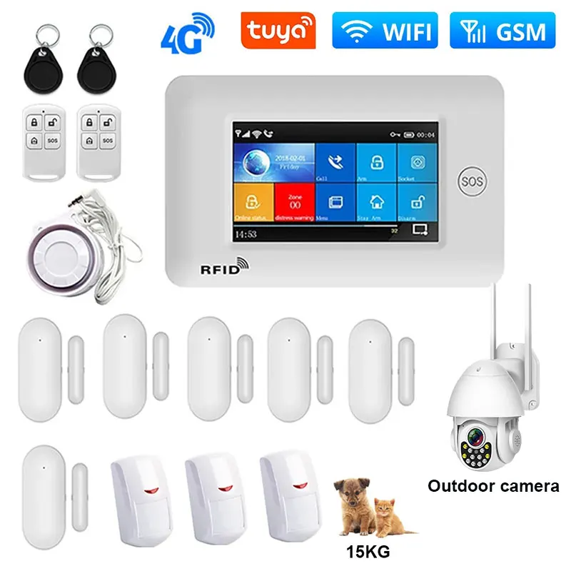 4G TUYA WIFI Home Security Alarm Burglar Alarm Full Touch Screen Alarm System With Motion Sensor Smart Life APP Remote Arm