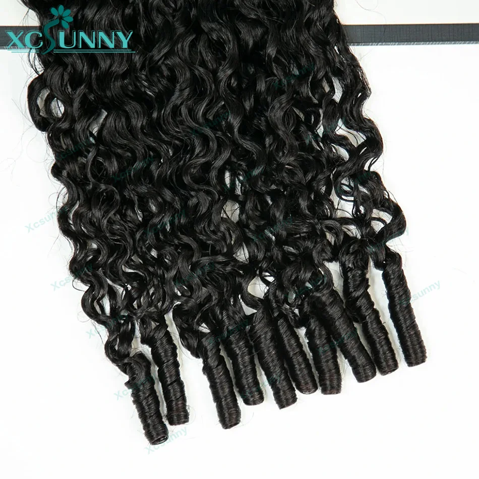 ريشة الكروشيه الضفائر شعر الإنسان موجة المياه Knotless قبل فصل ريشة الكروشيه وصلات شعر بشري بأطراف مجعدة ضيقة