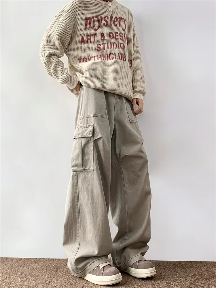 Retro American Workwear Denim Pants Men's Women's Spring Autumn Casual Wide Leg Long Trousers Trendy Multiple Pockets