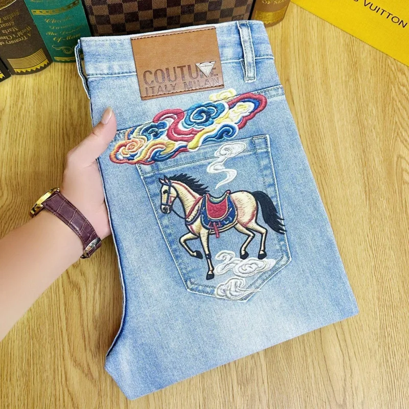 Summer 2026 Men's Daily Versatile Long Denim Pants Light Blue Lightweight Thin Fabric Digital Graphic Print Soft and Stylish