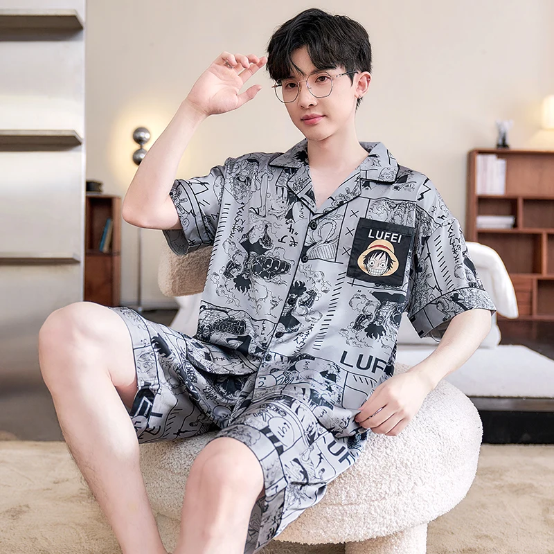 2024 Summer Men Sleepwear Big Size Pajamas Male Ice Silk Cute Pijama With Shorts Pants Satin Nightwear Clothes Modern Nightgown