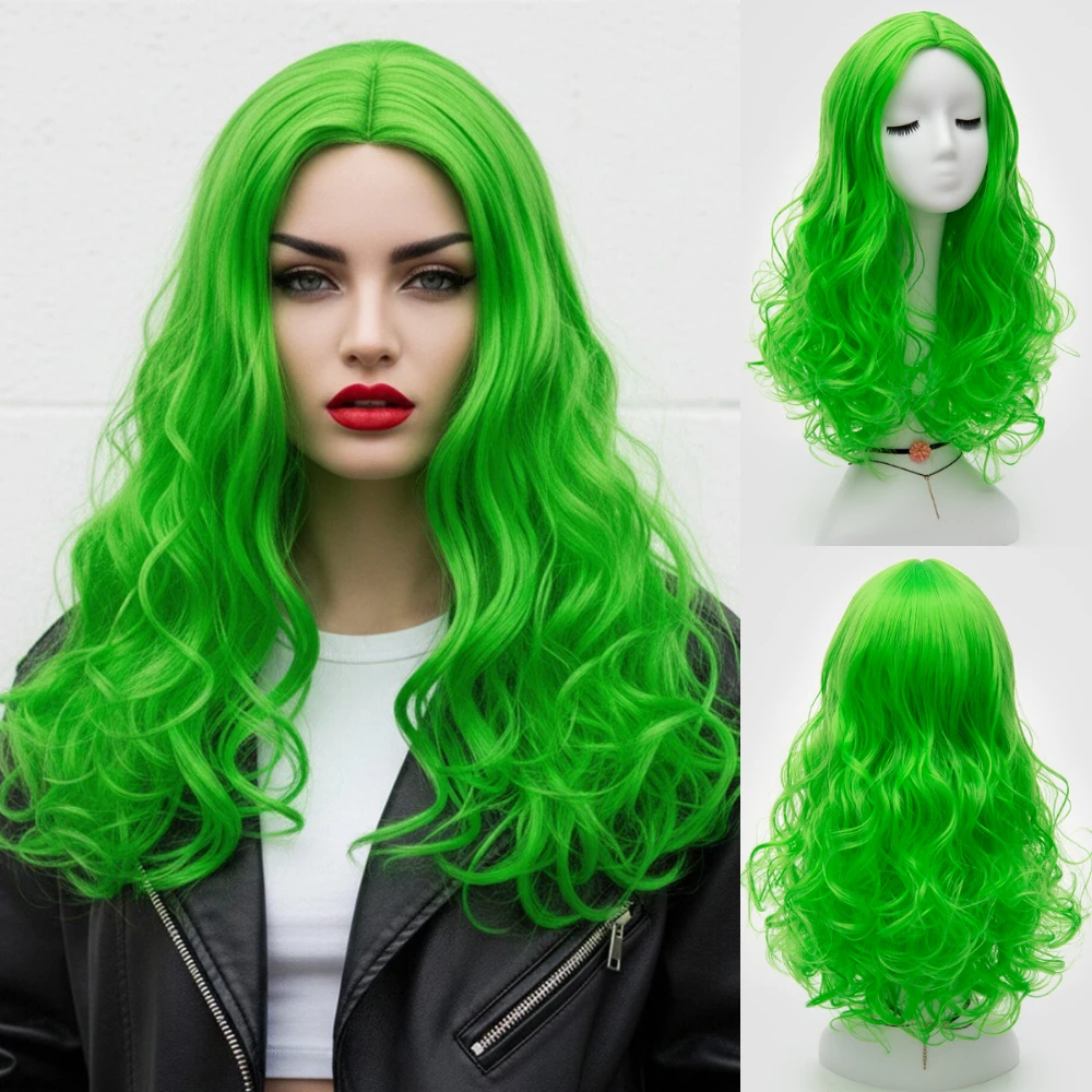

Short Curly Green Synthetic Wig With Part Line Heat Resistant for Women Halloween Daily Wear