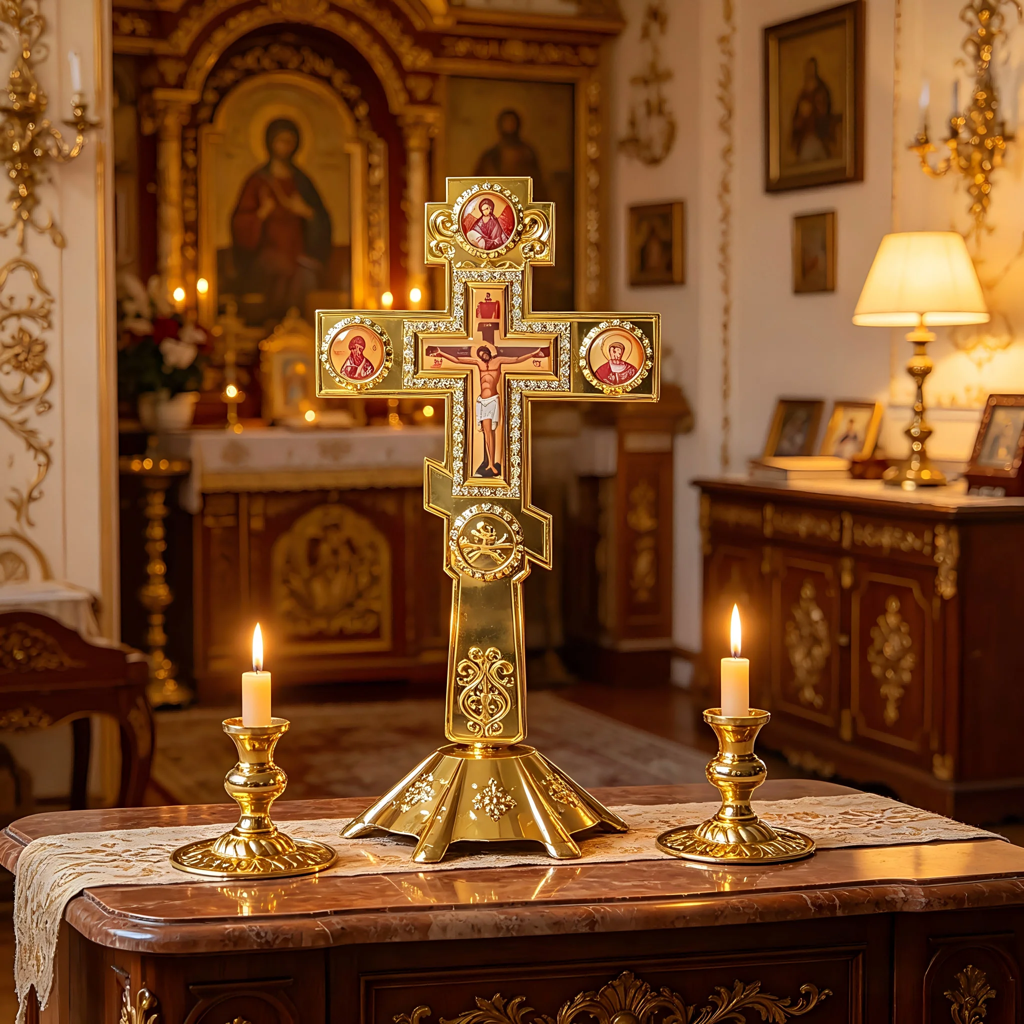 New Gold Plated Orthodox Standing Cross with Holy Icons Base for Church Liturgy Home Altar Prayer Christian Religious Gift Decor