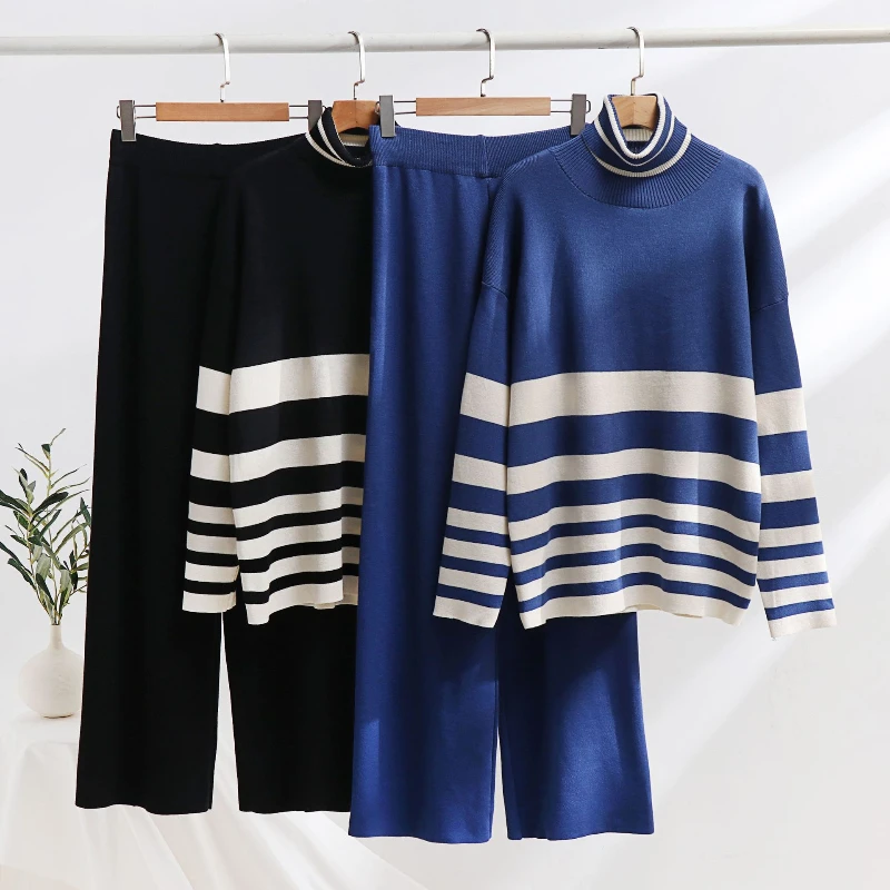 

Knitted Sweater Women Wide Leg Pants Sets Striped Turtleneck Loose Pullovers Autumn Winter 2 Piece Sets Womens Outifits