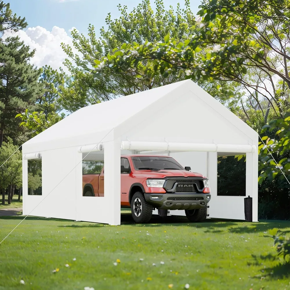 

JY QAQA Carport, сверхмощный карпорт 12x20 футов со съемными боковыми стенками и дверями, портативный гараж со свернутым окном и Sandba
