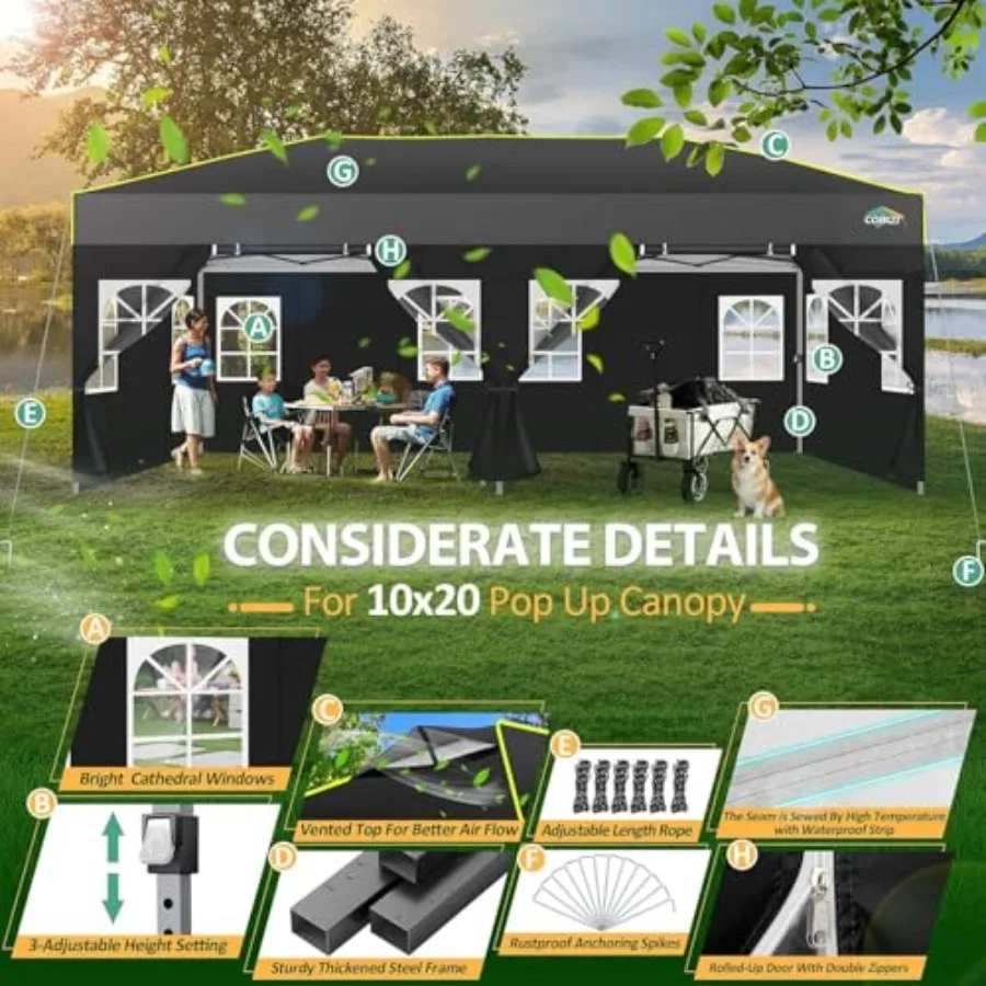Outdoor event shelter with waterproof UPF 50+ polyester canopy, gray color, one-push setup, includes 6 sidewalls, air vent, san view 4