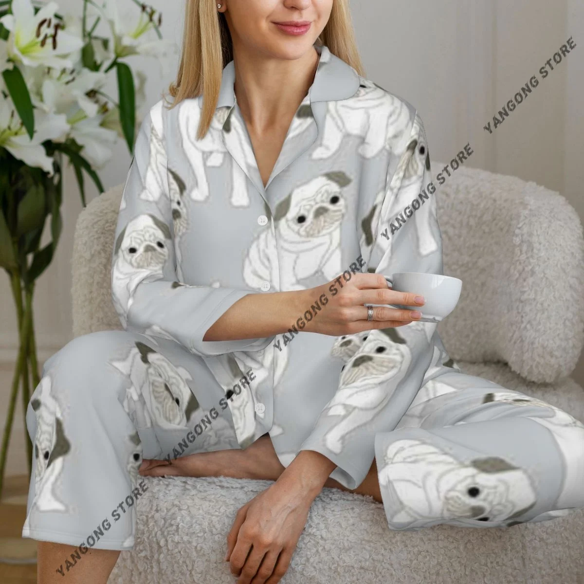 Spring and Autumn Long Sleeve Pants Pajamas Loungewear Set Pug Dog Pattern Women's Pull Edge Loose Sleeping Suit