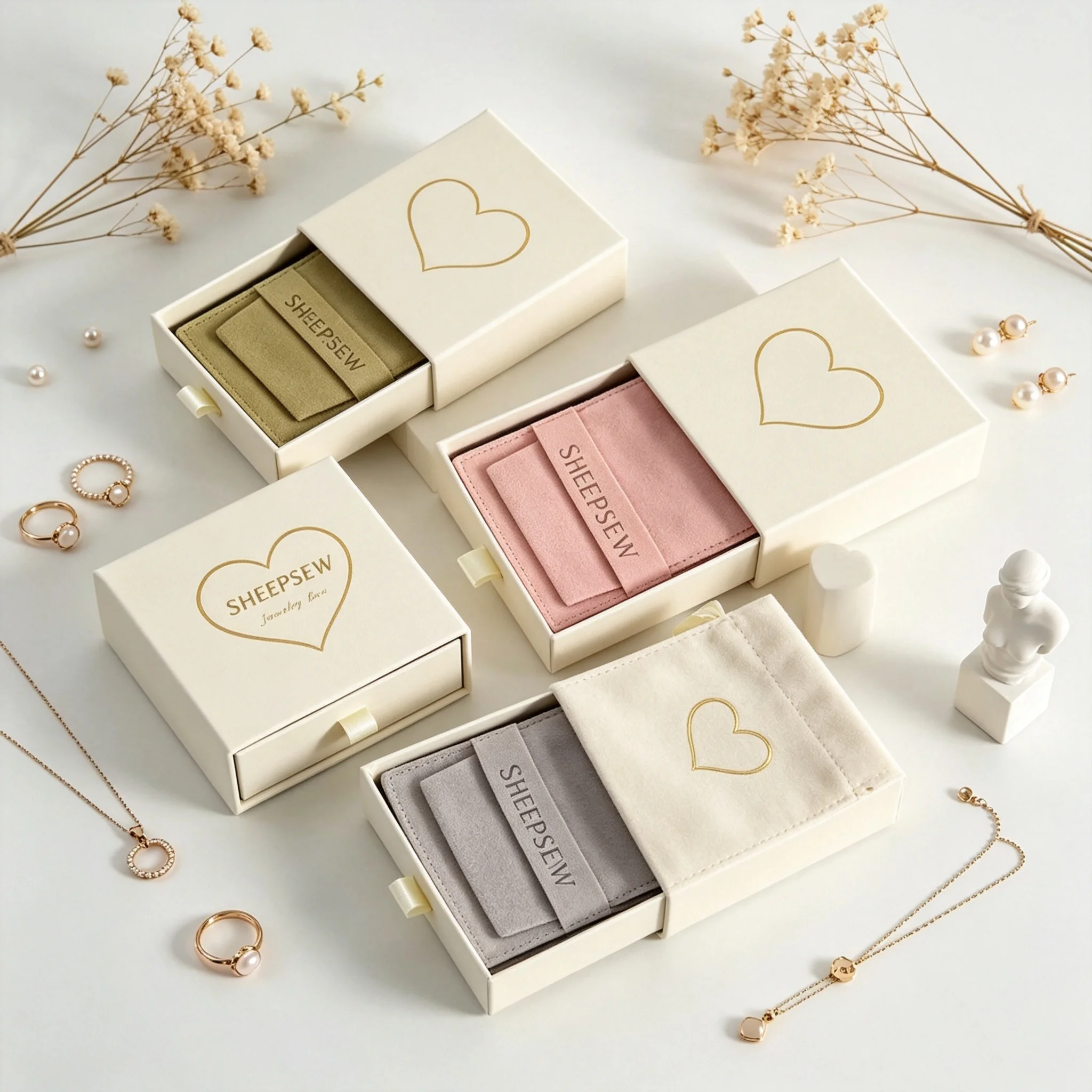 SHEEPSEW Custom Logo 10x10x2cm Sliding Cardboard Drawer Jewelry Packaging Box With Microfiber Flap Gift Bag For Earrings Candle