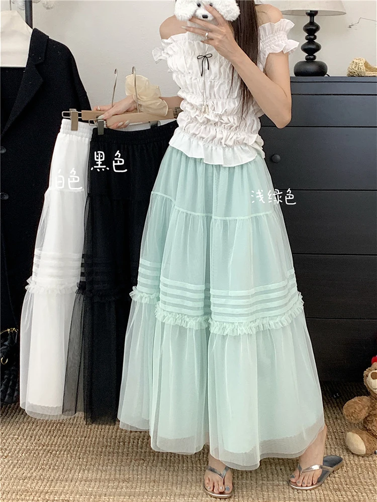 Spring Heavy Embossing Gentle Wind Style A-Line Umbrella Skirt Women Elegant Pure Color Temperament Long Tulle Half Skirt