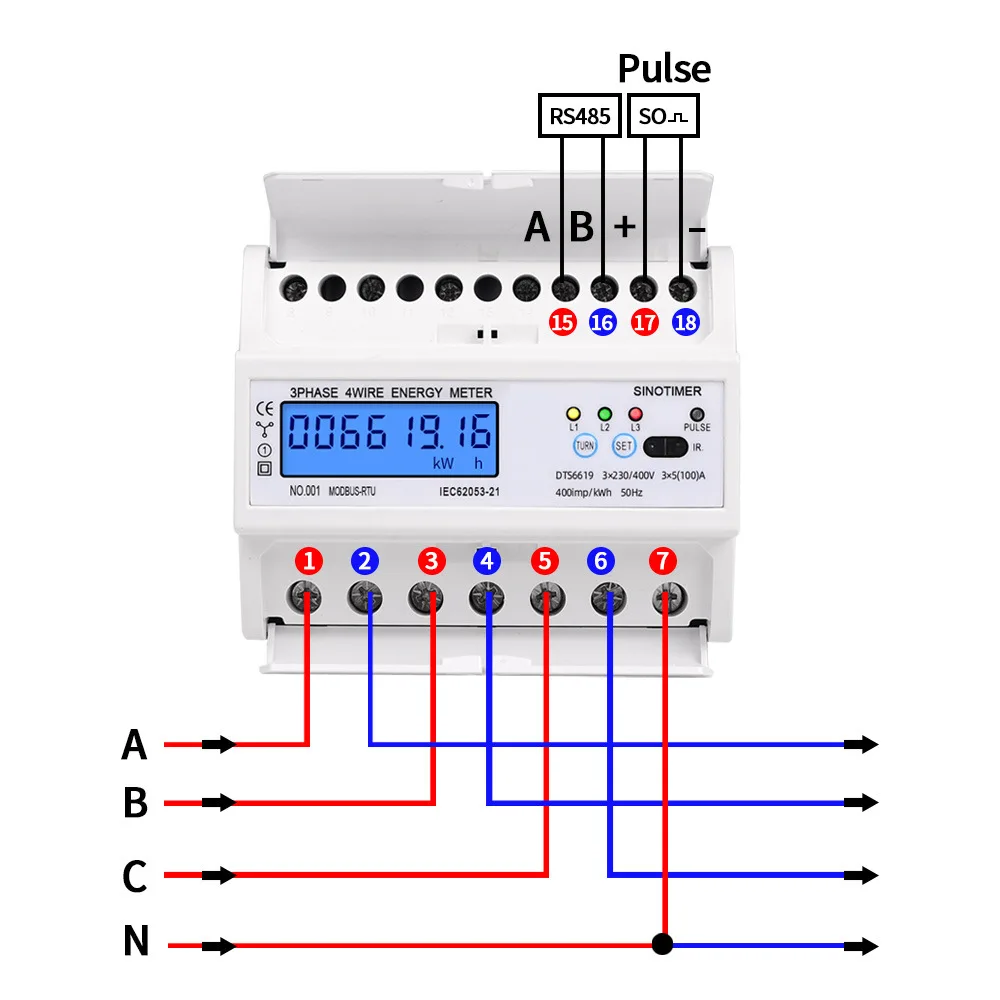 DTS6619-016 Three-phase Four Wire Energy Meter 7P LCD Digital Display Meter with Backlight Energy Meter with RS485 Communication