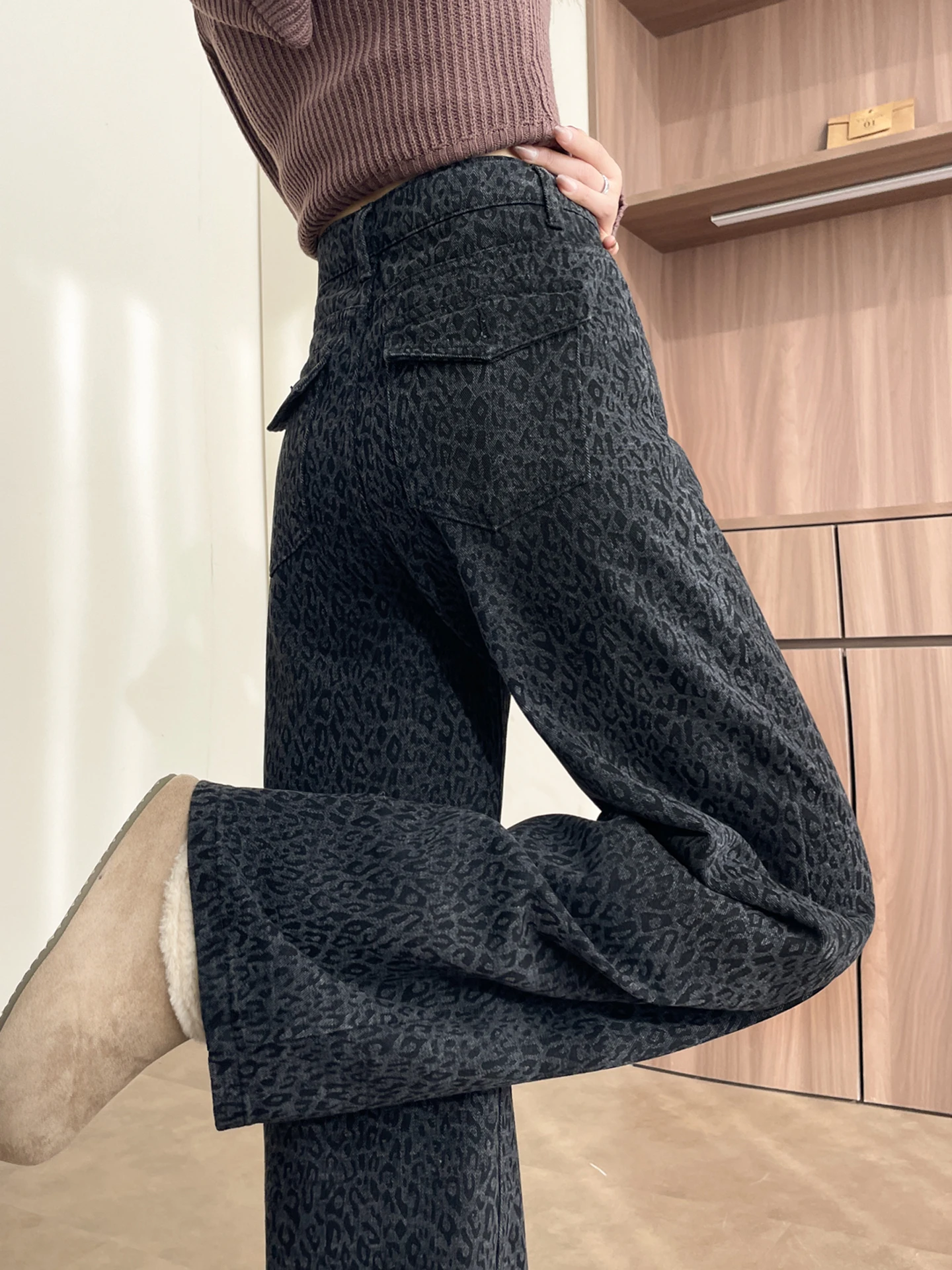 กางเกงขายาวทรงสลิมเอวสูงลายเสือดาว ผ้าฝ้ายเดนิม สำหรับผู้หญิง ฤดูหนาว รุ่นใหม่ สไตล์ลำลอง เหมาะสำหรับใส่ไปทำงาน