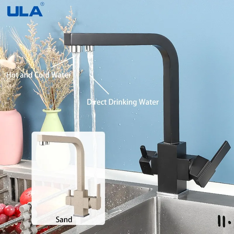 

ULA Black Filtered Kitchen Faucet 360 Rotation Water Filter Tap Three Ways Kitchen Sink Mixer Drinking Water Hot Cold Water Tap