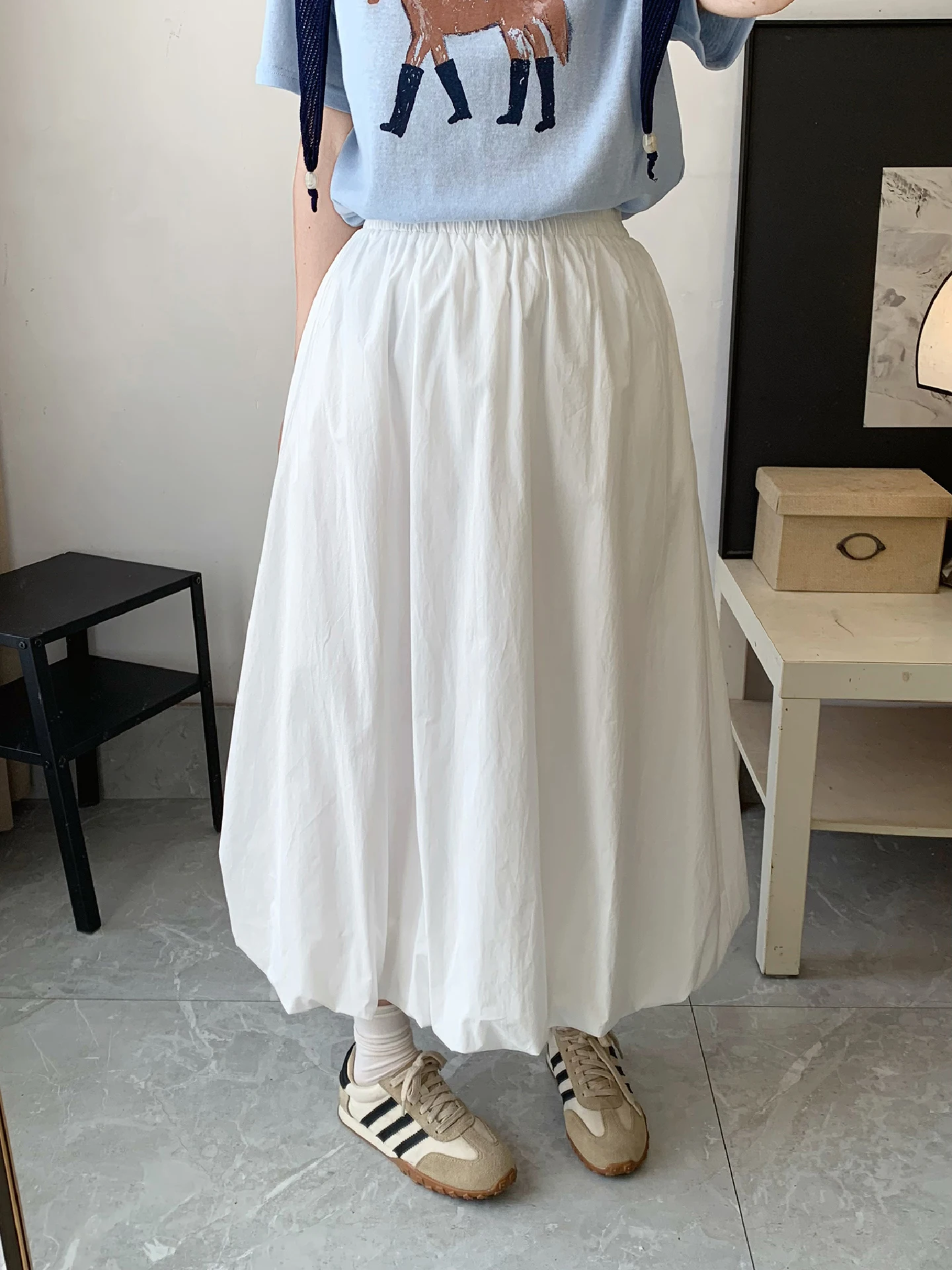 

Silver Home Elegant White Cotton A-Line Half Skirt Women's Spring Fashion Lazy Bloomer Skirt Casual High Waist Cotton Skirt