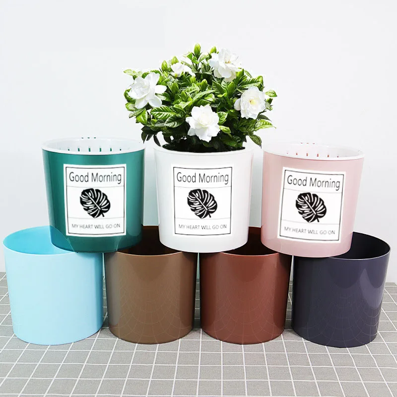 Plastic Flower Pot Light Luxury Automatic Absorbent Straight Creative Round Large Imitation Metal Imitation Ceramic Planting Pot