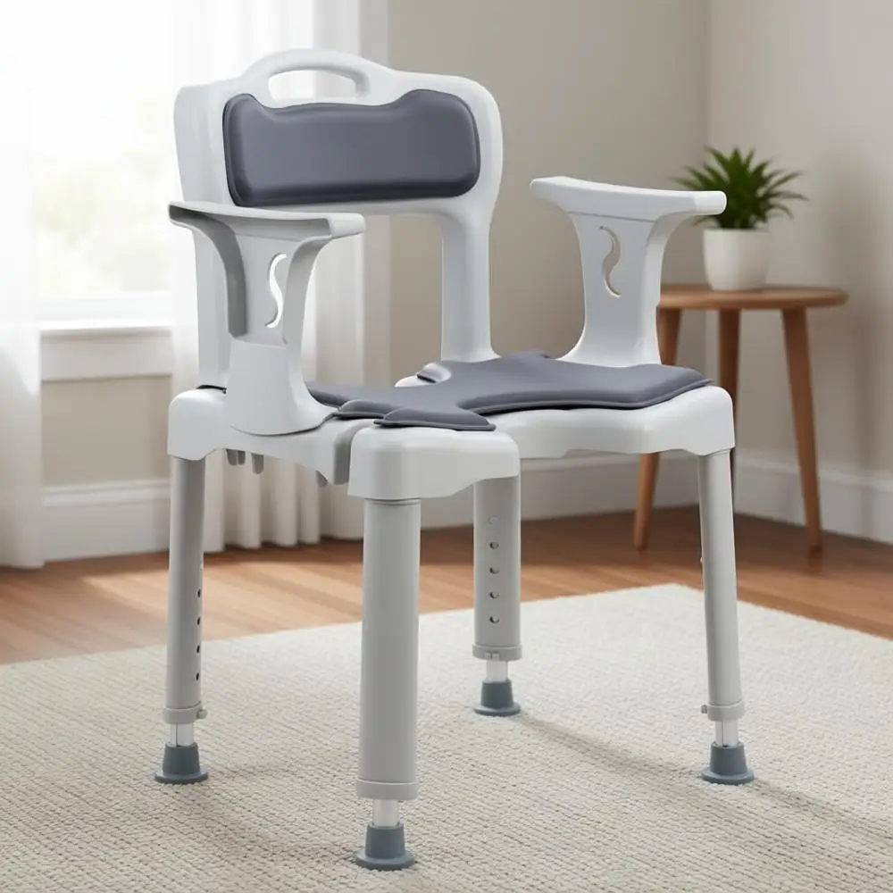 

Grey Adjustable Shower Chair for Elderly with Arms, Cushion, and Seat Cutout, Supports 300 lbs