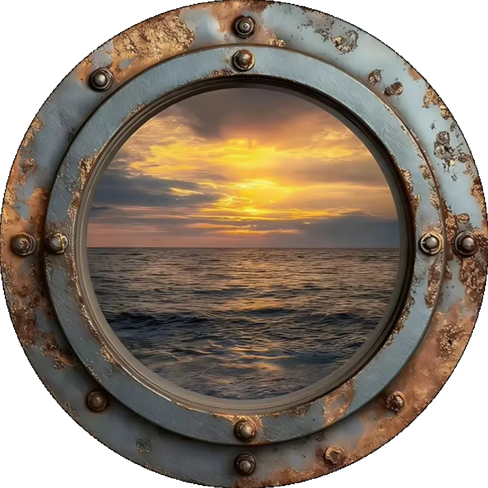 CIFbuy Rustic Ship Porthole Metal Wall Art 3D Ocean Sunset Seascape Print Nautical Home Bar Beach House Decor