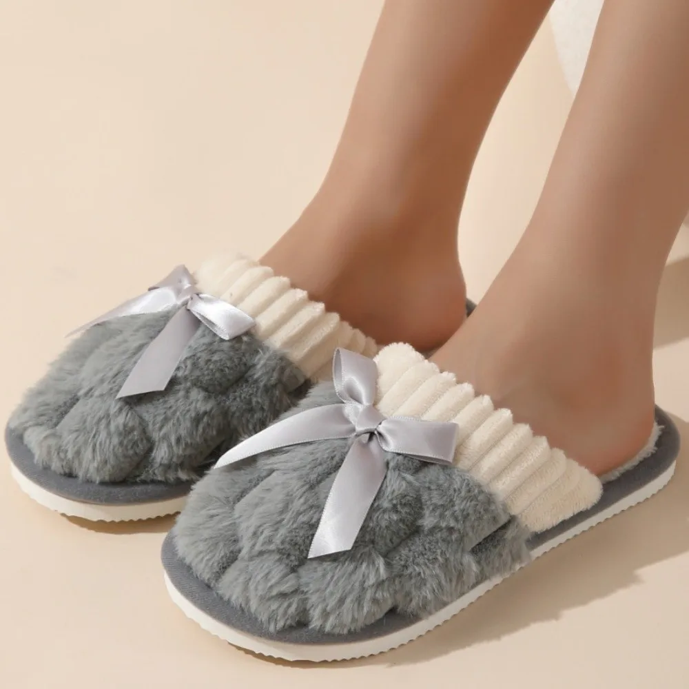 

Comfort Warm Fur Slippers Anti Slip Student Winter Warm Slippers Home Flat Heel Fluffy Bow Slippers Girls