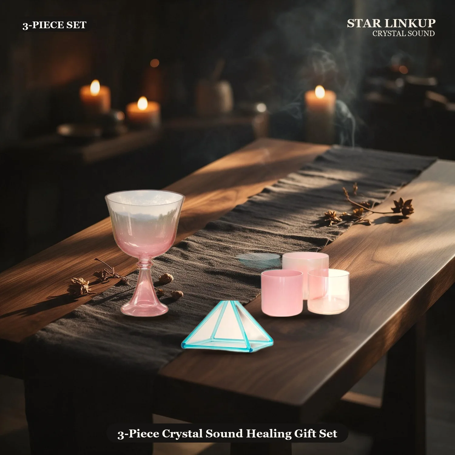 STAR LINKUP 3-Piece Crystal Sound Healing Gift Set with Crystal Singing Bowl, Crystal Pyramid and Crystal Chalice. A calming spiritual gift set for beginners and experienced practitioners, ready for birthdays, holidays and housewarmings.