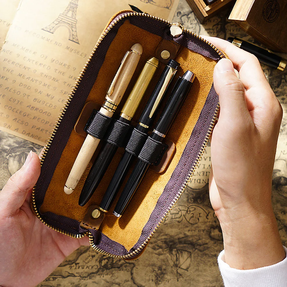 Handmade Retro Genuine Leather Pen Bag Large Capacity Cowhide Zipper Pencil Case Holder Glasses Case Pure Cowhide