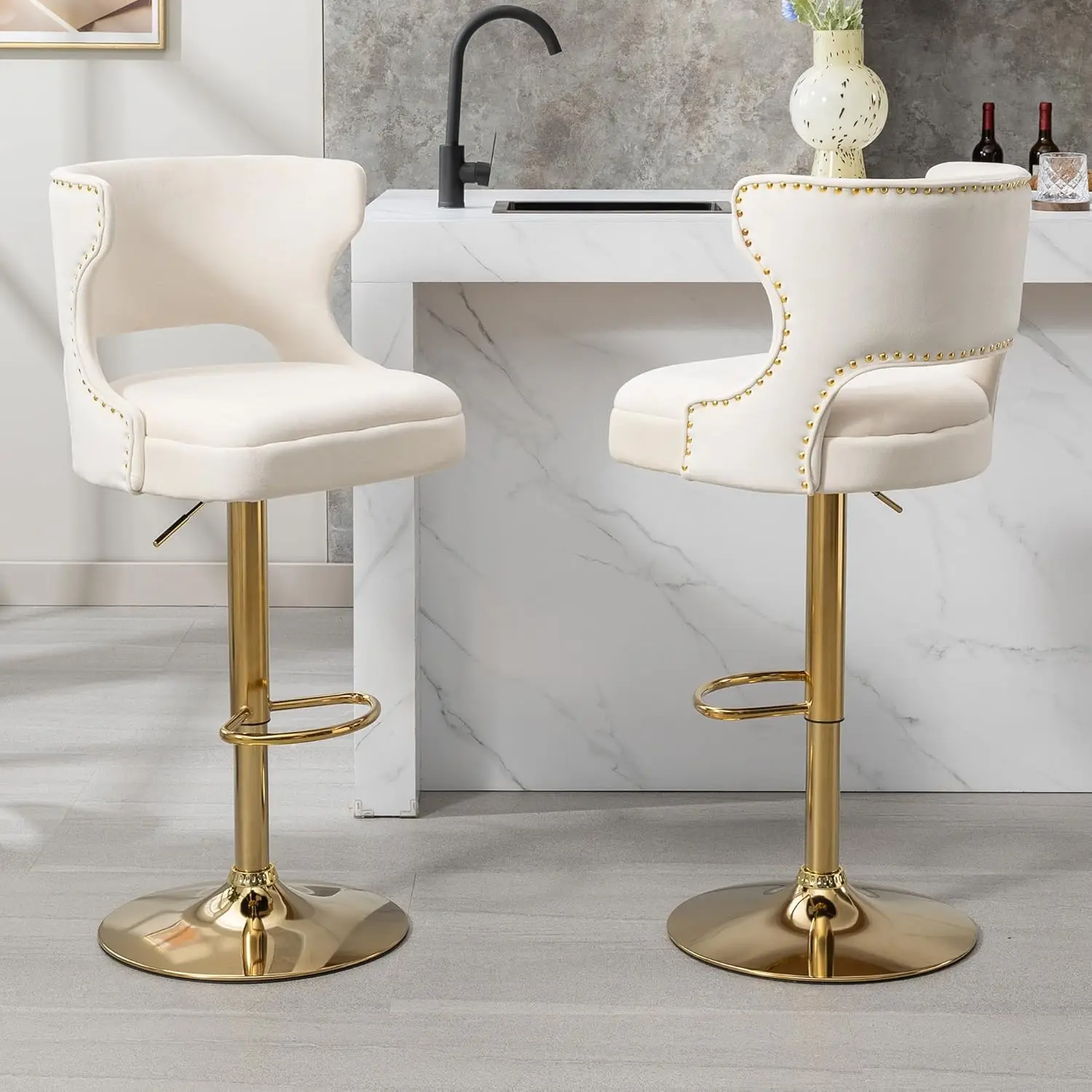 Westice Gold Bar Stools Set Of 6, Counter Height Adjustable Barstools, Modern Velvet Swivel Bar Chairs With Curved Back, Metal
