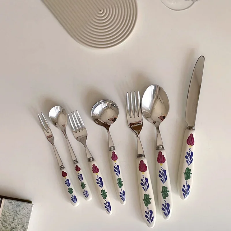 Retro Flower Pattern Knife Spoon Stainless Steel Fork Ceramic Handle Cake Dessert Spoon Fruit Fork Set Coffee Spoon