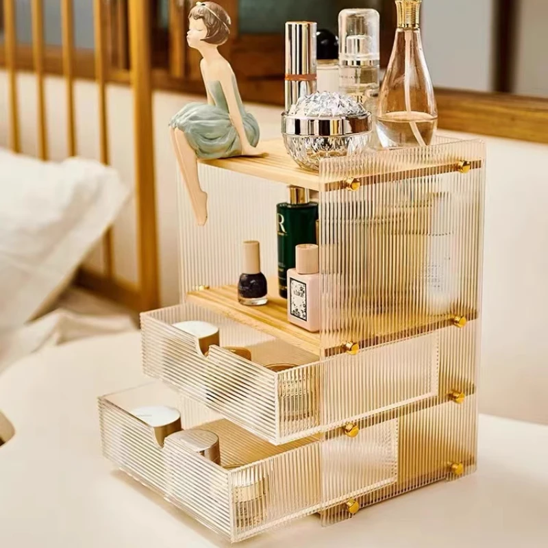 

Акриловый косметический органайзер с 3-мя ящиками, многофункциональная система хранения косметики, штабелируемая туалетная полка для столешницы в ванной комнате