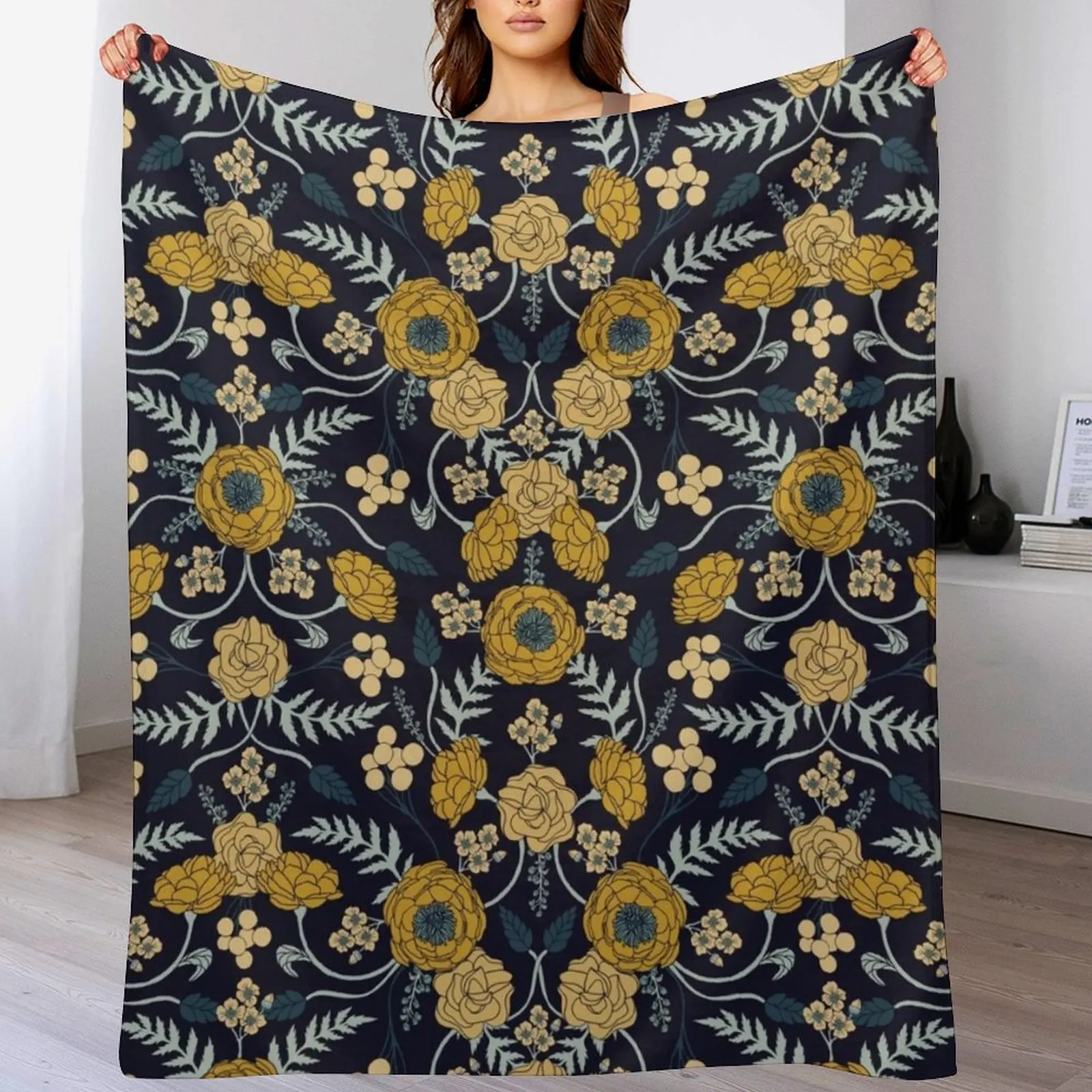 

Navy Blue, Turquoise, Cream & Mustard Yellow Dark Floral Pattern Throw Blanket Plush Hair Baby Blankets