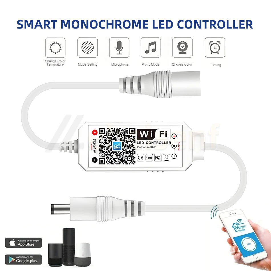 12V 24V WiFi LED Strip Light Controller Magic Home APP dla pojedynczych kolorowych taśm świetlnych Ściemniacz Kompatybilny z Alexa Google Voice Control