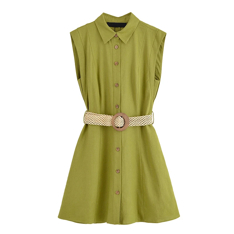 YENKYE Nowe Damskie Sukienki Koszulowe Bez Rękawów z Klapami, Paskiem, Zapinane na Guziki z Przodu, Codzienne Letnie Krótkie Sukienki Damskie Vestidos