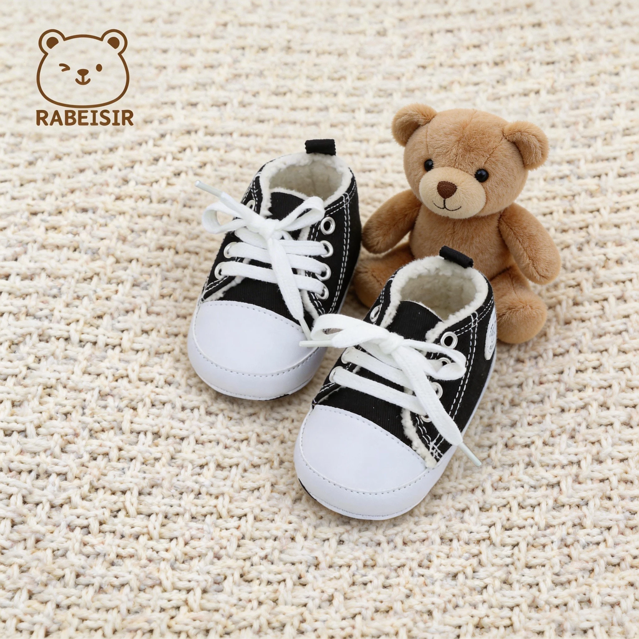 Baby Shoes Boy Girl High Top Lace Up Plush Fleece Lined Soft Sole Lightweight Black White Infant First Walkers 0-18M