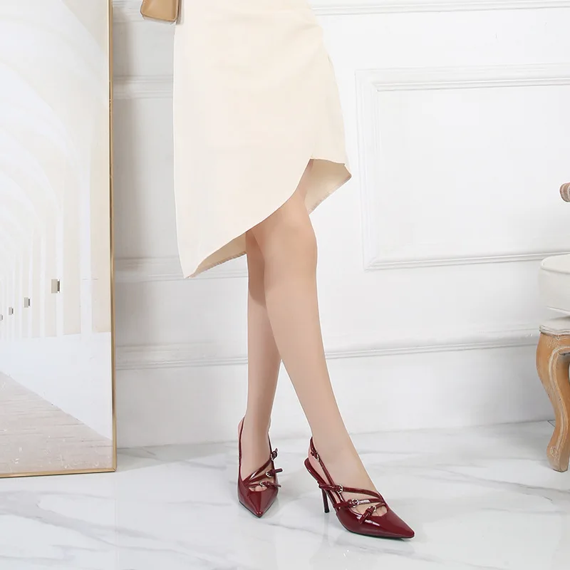 Neue Sommer-Damen-High-Heels, Zehenkappen-Lackleder-Schnallenriemen, Sandalen mit Katzenabsatz, sexy rückenfreie High Heels – Detail 18